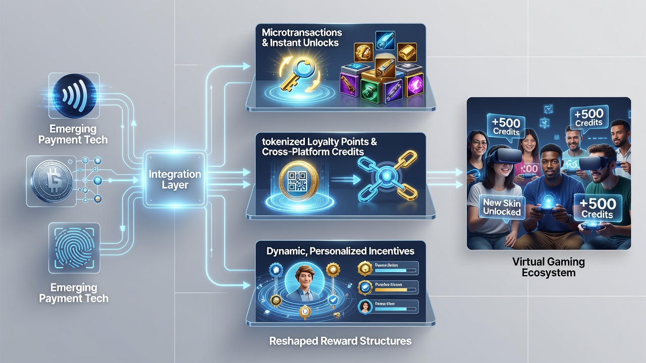 Visual of interconnected payment networks and reward ledgers in a virtual gaming environment