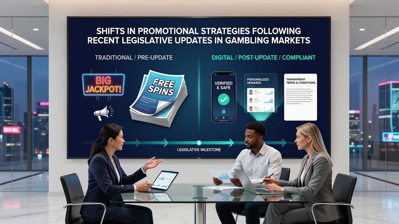 Digital marketing team reviewing updated gambling promotion guidelines on multiple screens
